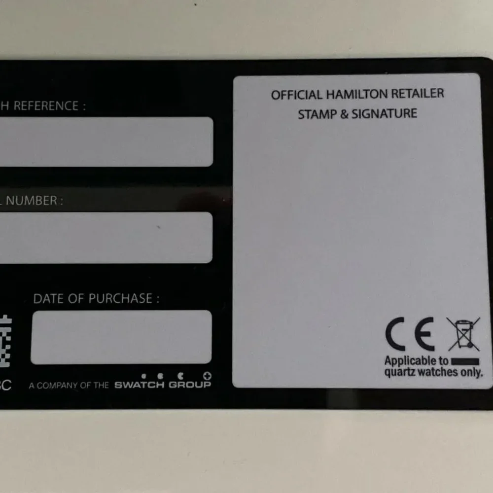 Hamilton Watch Company Blank International 2 Year Warranty Card